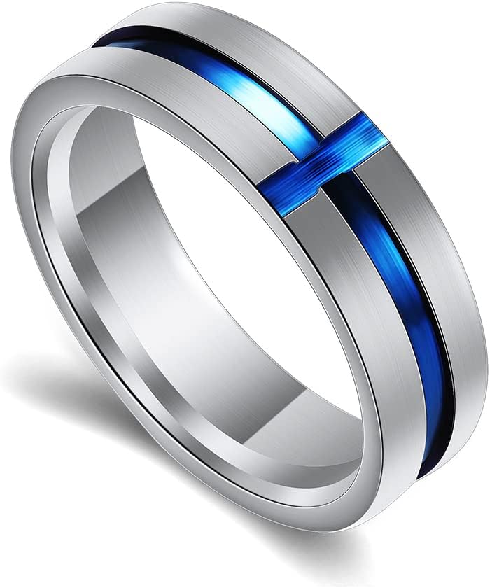 Fusamk Fashion Blue Epoxy Stainless Steel Cross Band Ring - Image 1